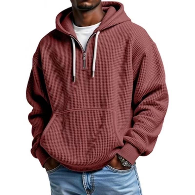 Men's Casual Solid Color Waffle Zipper Long Sleeve Hooded Sweatshirt