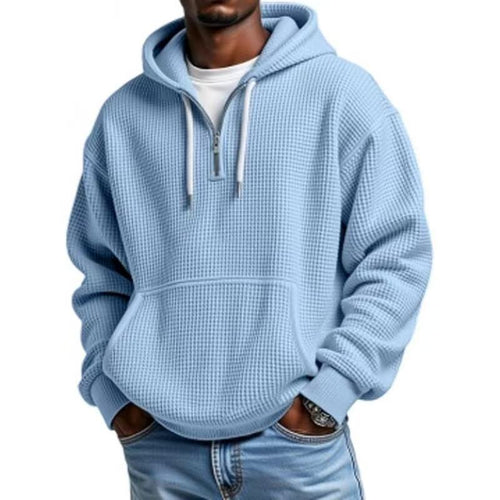 Men's Casual Solid Color Waffle Zipper Long Sleeve Hooded Sweatshirt