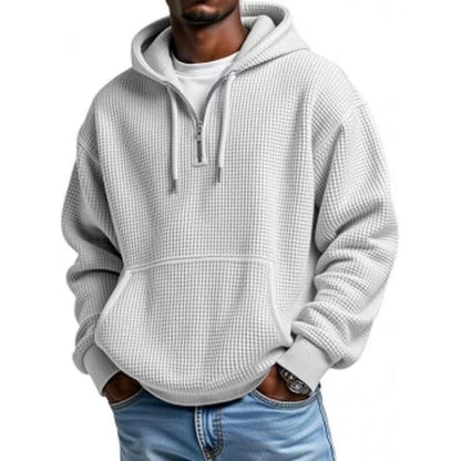 Men's Casual Solid Color Waffle Zipper Long Sleeve Hooded Sweatshirt