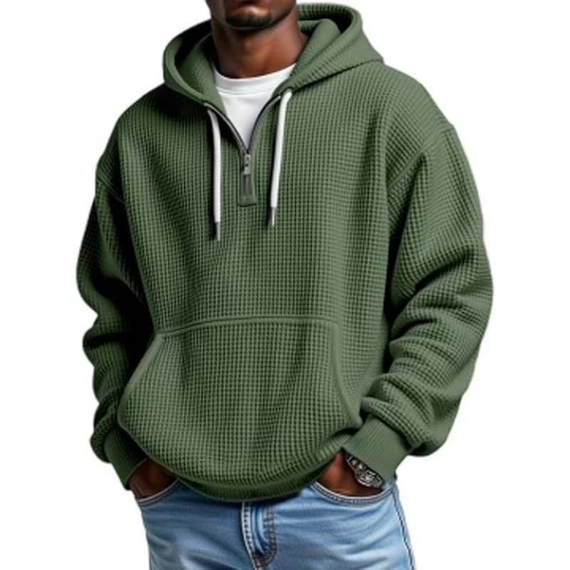 Men's Casual Solid Color Waffle Zipper Long Sleeve Hooded Sweatshirt