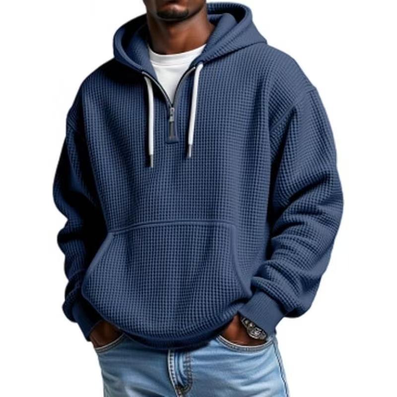 Men's Casual Solid Color Waffle Zipper Long Sleeve Hooded Sweatshirt