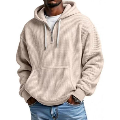 Men's Casual Solid Color Waffle Zipper Long Sleeve Hooded Sweatshirt