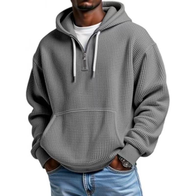 Men's Casual Solid Color Waffle Zipper Long Sleeve Hooded Sweatshirt