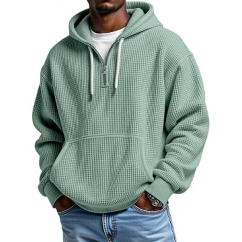 Men's Casual Solid Color Waffle Zipper Long Sleeve Hooded Sweatshirt