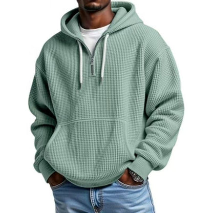 Men's Casual Solid Color Waffle Zipper Long Sleeve Hooded Sweatshirt