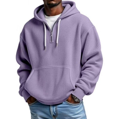 Men's Casual Solid Color Waffle Zipper Long Sleeve Hooded Sweatshirt